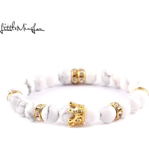 Little Minglou Luxury 8mm white stone bead women bracelet pave CZ Crown Charm Braided Bracelets & bangles for women jewelry