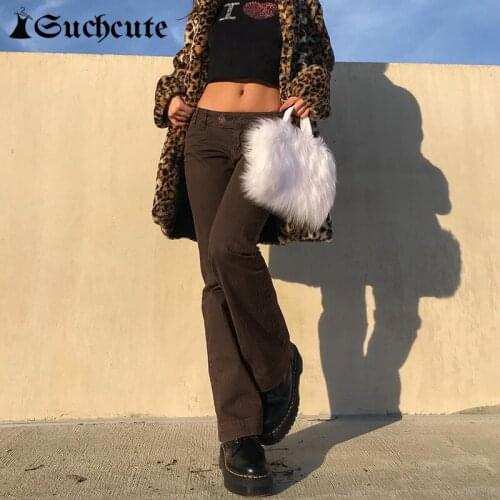 SUCHCUTE Brown Vintage Pants For Women Streetwear Fashion Skinny Trouser Harajuku Korean Style Low Waist Basic Straight Pants