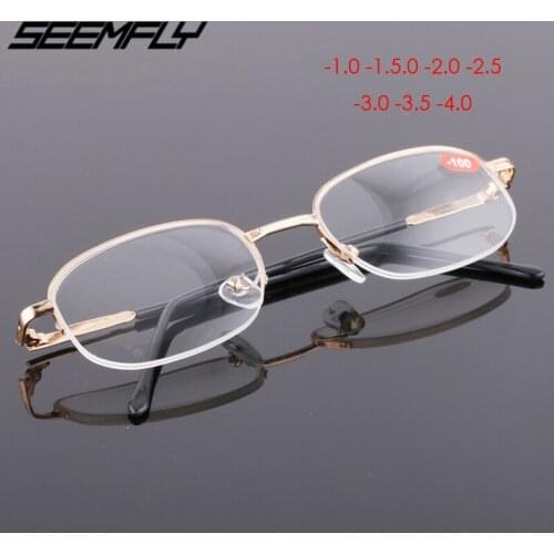 Seemfly Finished Myopia Glasses Women Men Metal Half Frame Short Sighted Eyeglasses With Diopter -1.0 1.5 2.0 2.5 3.0 3.5 4.0