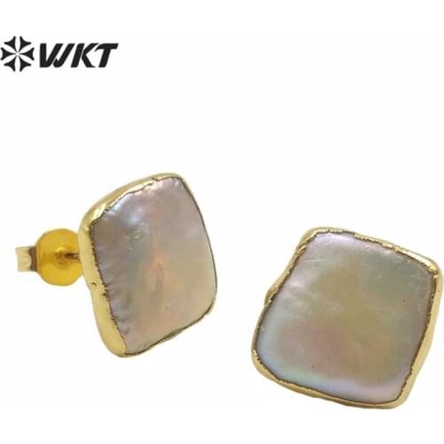 WT-MPE027 Wholesale natural freshwater square pearl studs lady fashion gold filled real white pearl earrings studs gift studs