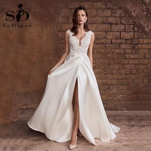 SoDigne Satin Wedding Dresses 2021 Cap Sleeves A-Line Front Split Pockets Custom Made Boho Lace Wedding Gown Bridal Dress