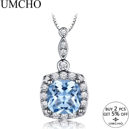 UMCHO Romantic 925 Sterling Silver Necklaces Pendants Created Sky Blue Stone Necklace Wedding Gifts For Women Females