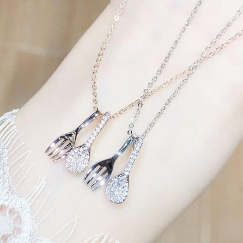 Showfay New Zircon Women Spoon Fork Necklace Female Metallic Copper Ornament Silver Color Necklace 2021 Fashion Jewelry