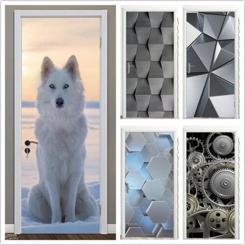 Snowfield Wolf Black Geometry Home Design Door Poster DIY Self Adhesive Mural Waterproof Door Sticker For Living Room Home Decal