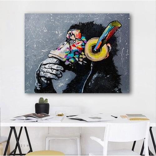 Modern Abstract Animal Painting Wall Art Prints On Canvas Colorful Graffiti Gorilla With Headset Pictures Room Decor Street Art