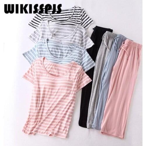 WIKISSPJS 2021 Summer New Modal Womens Padded Short Sleeve Bra-t Bra Free Striped Half Sleeve Loose Capris Womens Pajamas