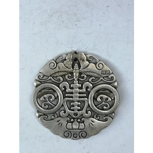 YIZHU CULTUER ART Collection Chinese Tibet Silver Carving bat Dragon Necklace Pendant Decoration
