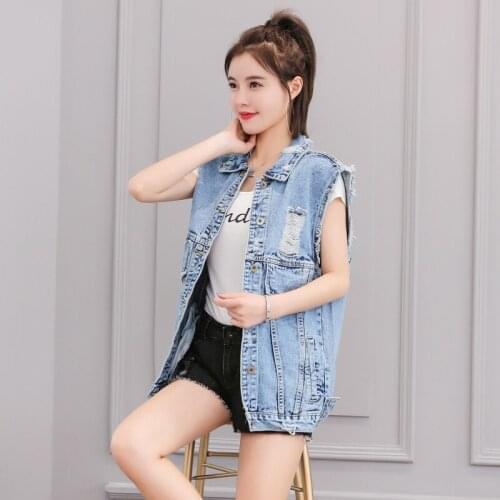 Women Fashion Frayed Denim Jacket Sleeveless Hollow Out Loose Korean Harajuku Vest Coats Female Spring Summer Vintage Waistcoats