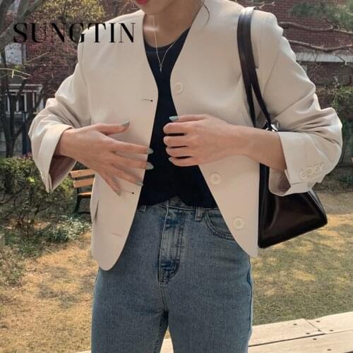 Sungtin Single Button Office Lady Women Korean Fashion Cropped Blazer Jackets Chic V Neck Loose Female Short Blazer 2021 Tops OL