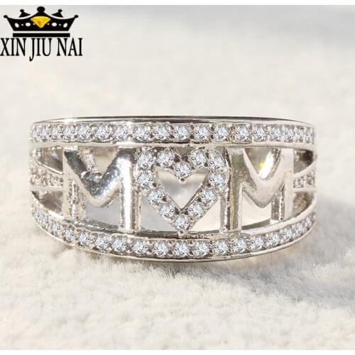 Love Mom Heart Design Women Ring Zircon Finger Circlet 925 Silver Rings Charms Mother Days Gift MUM Festival Present Size6-10