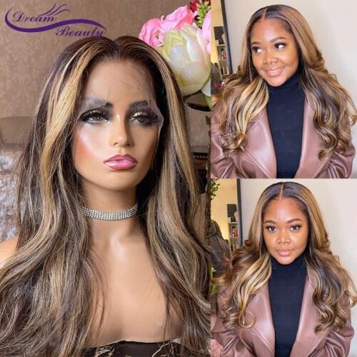 Highlight Human Hair Wigs Ombre Blonde Lace Front Wig For Black Women 180% Brazilian Remy Honey Blonde Wavy Lace Front Wig
