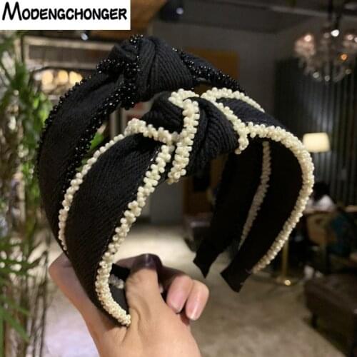 2021 New Fashion Knotted Headband Women Girls Beaded Hairband Wide Brim Bohemia Style High-end Bezel Hair Accessories Headwear