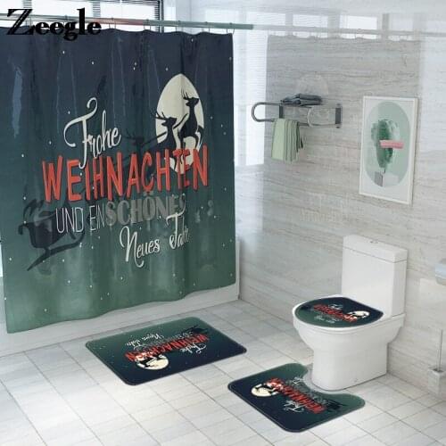 4pcs Shower Curtain and Bath Mats Bathroom Floor Mats for Christmas Anti Slip Bath for Bathroom Waterproof Microfiber Cartoon