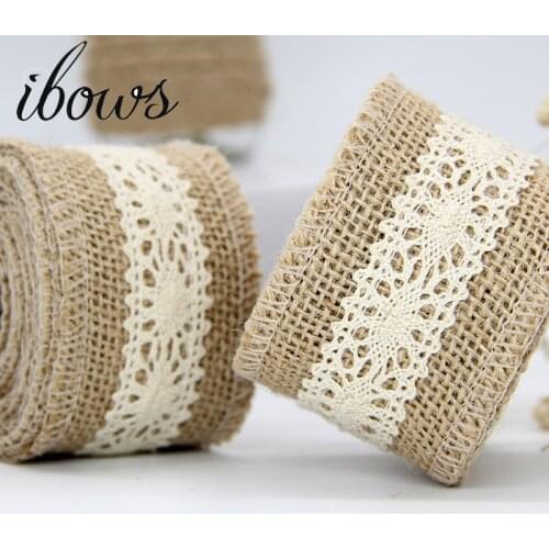 5cm 2m/roll Natural Jute Burlap Hessian Ribbon with Cotton Lace DIY Trim Fabric For Sewing Wedding Party Decoration Accessories