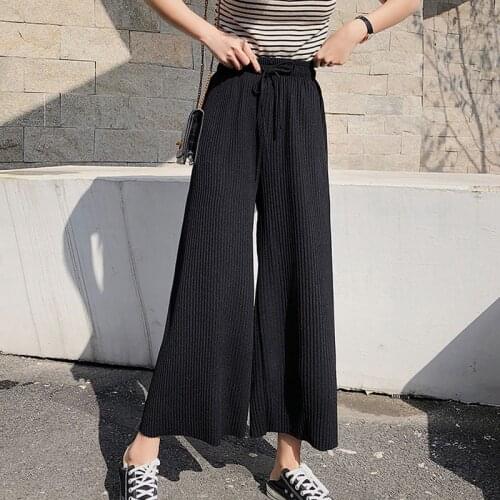 AECU Women Tie Wide Leg Pants Female High Waist Plus Size Casual Ladies Culottes Trousers Solid Color Pantalones Pleated Pants