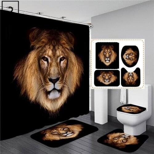 Animal Print Black Shower Curtains Lion Tiger 3D Bathroom Curtain Set Anti-slip Bath Mat Soft Toilet Lid Cover Home Rugs Carpets