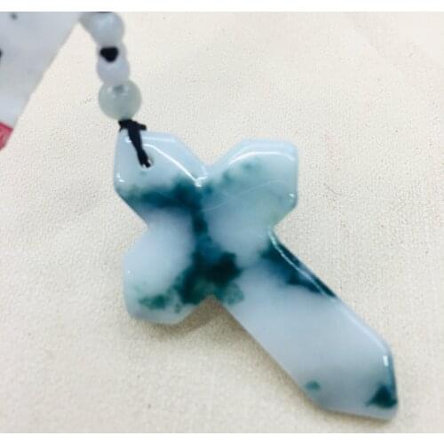 Pure natural Emerald jade Hand-carved two-tone cross pendant with tri-color bead necklace Men and women sweater chain