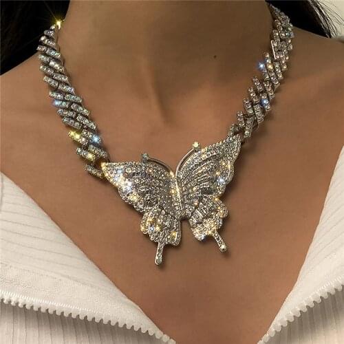 Hip Hop Butterfly Chokers For Women Ice Out Full Zircon Cuban Chain Fashion Punk Party Accessories Gift