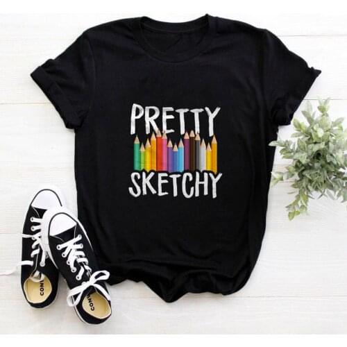 Pretty Sketchy Women Tshirt O-neck Harajuku Tee Shirt Femme Casual Interesting Cartoon Pencil Pattern Camiseta Mujer Tops
