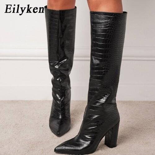 Eilyken High Quality Black PU Leather Women Knee High Boots Winter Fashion Pointed Toe Thick Heels Ladies Long Boot Slip On Shoe