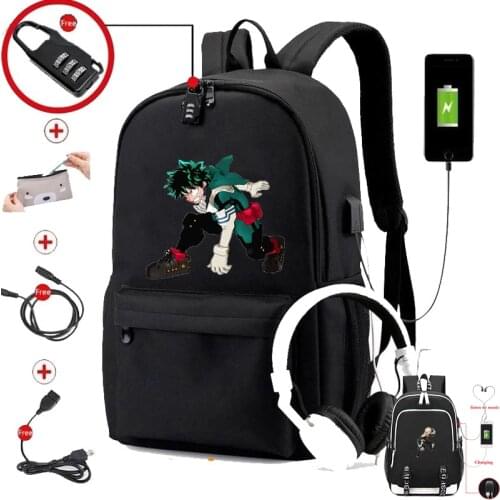 IMIDO Anime Backpack for School Boys Ubs Charging Waterproof Laptop Travel Shoulders Backpacks Girls Black Personality Book Bags