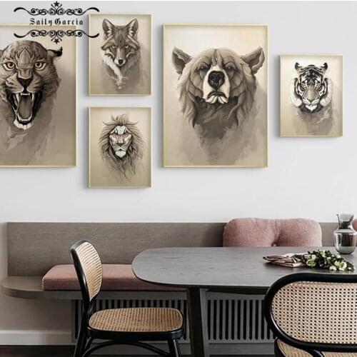 Brown Minimalist Animals Canvas Painting Lion Tiger Bear Wolf Poster and Prints Wall Art Pictures for Living Room Home Decor