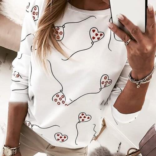 Summer New Loose Casual Womens Clothing Balloon Printing Polyester Round Neck Plus Size Long-sleeved T-shirt Top Streetwear