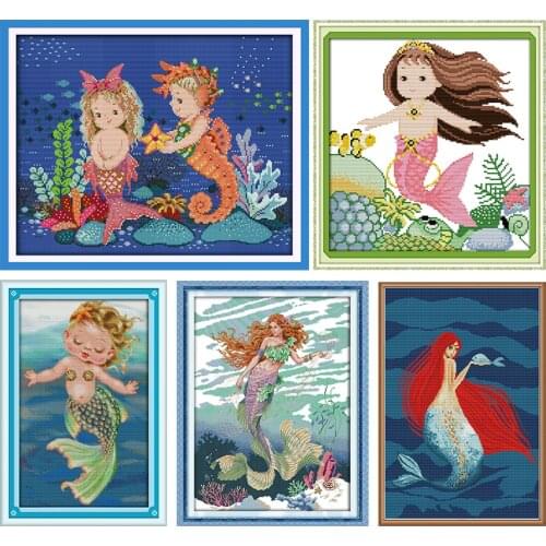 Cross Stitch Kits Stamped The Little Mermaid and Sea Horse Patterns Counted 11CT 14CT Printed Handmade Needlework Embroidery Set