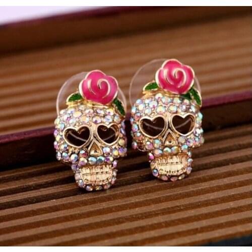 New Punk Trendy Womens Girl Retro Pink Bow Rose Flower Gold Filled Cz crystal Skull Pierced Earrings Jewelry Gift Brinco