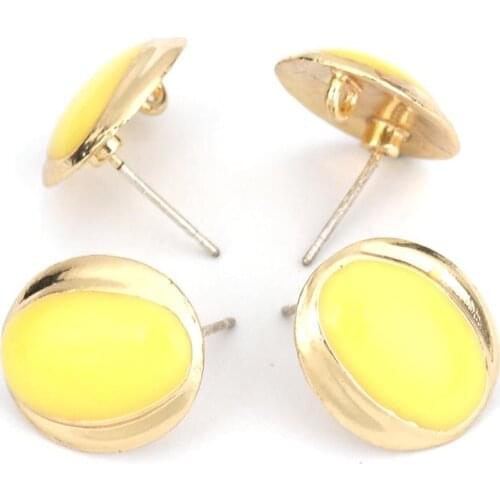 8Seasons Zinc Based Alloy & Resin Ear Post Stud Earrings Findings Oval Gold Yellow Jewelry DIY Charm W/ Loop 15mm x 14mm,4 PCs