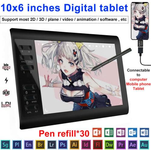 10x6 Inches Drawing Tablet Digital Graphic Tablet Board 8192 Level Battery-Free Pen Support Android Windows for Drawing & Game
