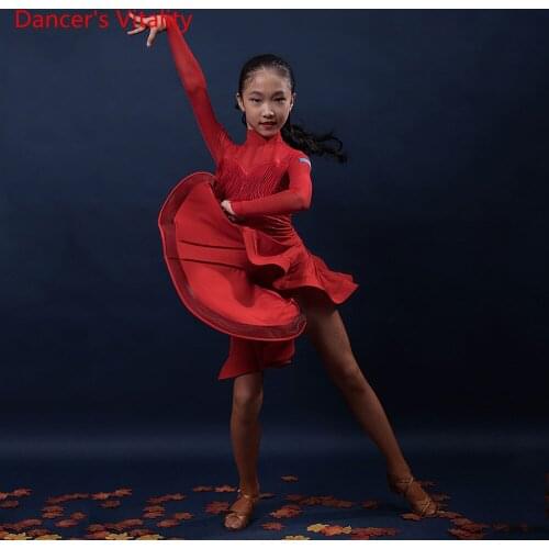 Latin Dance Girls Temperament Stand Collar Dress Autumn And Winter Children Professional Competition Performance Clothing