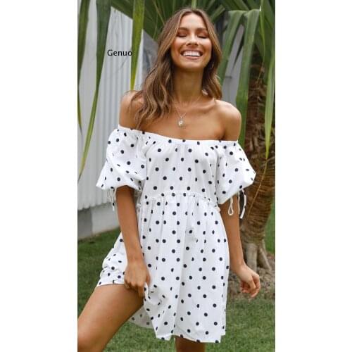 Polka Dot Boho Summer Dress Puff Short Sleeve Beach High Waist Party Off Shoulder 2021 Women Summer Mini Dress