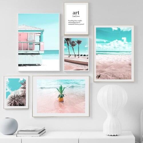 Pink Beach Coconut Tree Pineapple Quote Wall Art Canvas Painting Nordic Posters and Prints Wall Pictures For Living Room Decor
