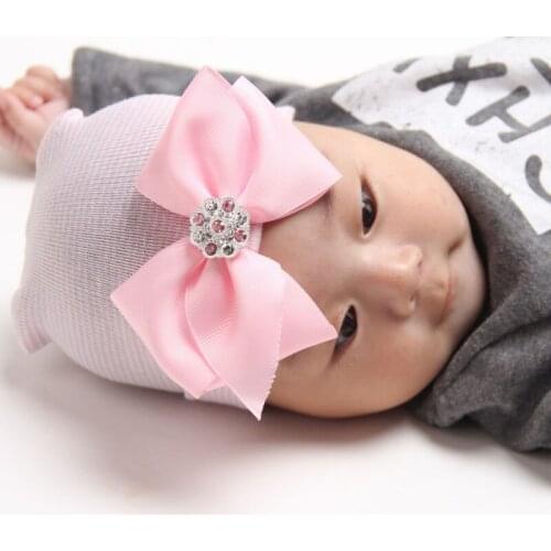 Newborn Baby Girl Hat 0-3M Striped Bowknot Hospital Hat Beanie Stretchy Cap With Shiny Diamonds