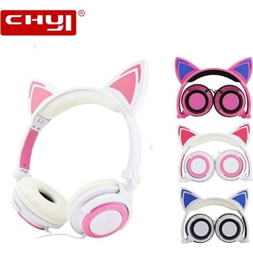 Computer Gaming Headphones Cute Cat Ears Wired Earphones Folding Music Sport Earbuds PC Gamer Pink Handset For Mobile Phone Girl