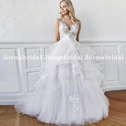 Floral Appliques Wedding Dress With Illusion Straps Tiered White Tulle V-Neck Princess Ball Gown Bridal Gown Robe De Princesse