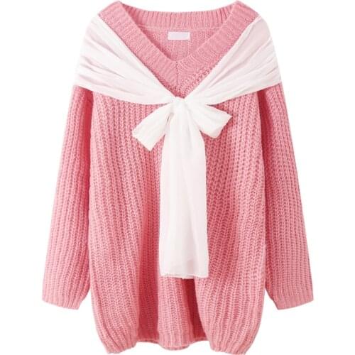 Spring Korea Women Sweaters Lace Up Bow Knitting Shirt Autumn Cute Knitwear Pink Blue Long Loose Kawaii Sweater for Young Girl