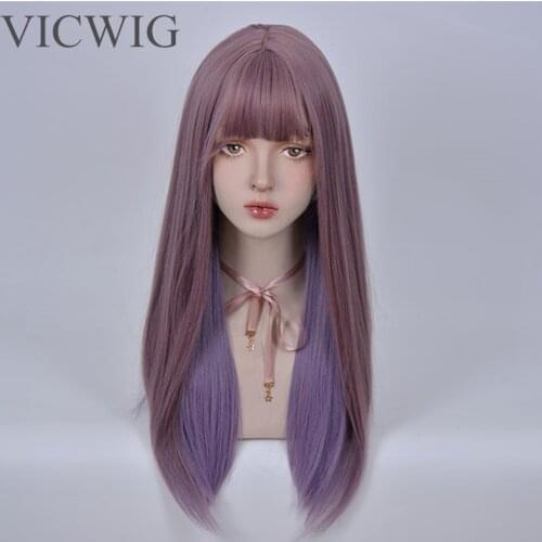 VICWIG Womens Synthetic Hair Mixed Dark Purple Light Purple Long Straight Cosplay Wig with Bangs