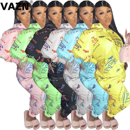 VAZN 2020 Hooded Full Sleeve Colorful Letter Sexy Fashion Set Holiday Women Age reduction Energetic Set Fashion Clothing Suit