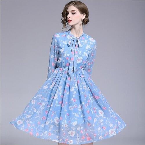 2021 Women Spring And Summer Blue Color Dress Female New Mid-length Dresses Printed Waist Chiffon Pleated Midi Skirt Skirts