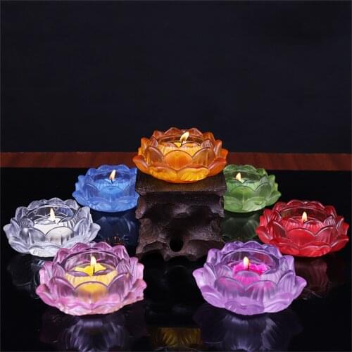 9CM Multicolor Glass Lotus Flower Crystal Column Candle Holder Tealight Candle Stand Candlestick Home Decor Candelabra 7 Colors