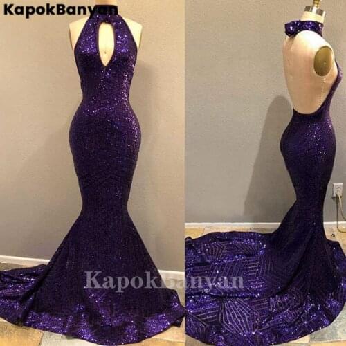 Sequins Halter Sleeveless Backless Mermaid Prom Dresses Open Back Shiny Party Gown