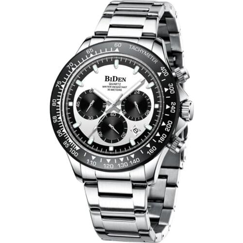 BIDEN Sports Watches Men Aircraft Pointer Luminous Quartz Watch 30M Waterproof Blue Full Steel Military Wrist Watch With Box