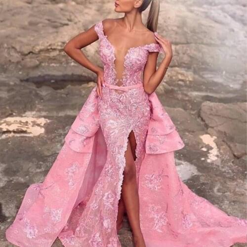 Applique Mermaid Evening Dress With Detachable Overskirt Off Shoulder Side Split Illusion Lace Custom Made Evening Dresses Long