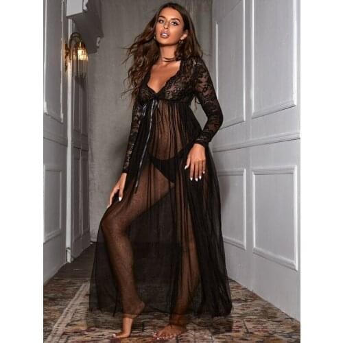 Hirigin Women Summer Night Skirt, Lace Stitching Sheer V-Neck Long Sleeve Long Dress Slim Lingerie for Girls, Black/White/Blue
