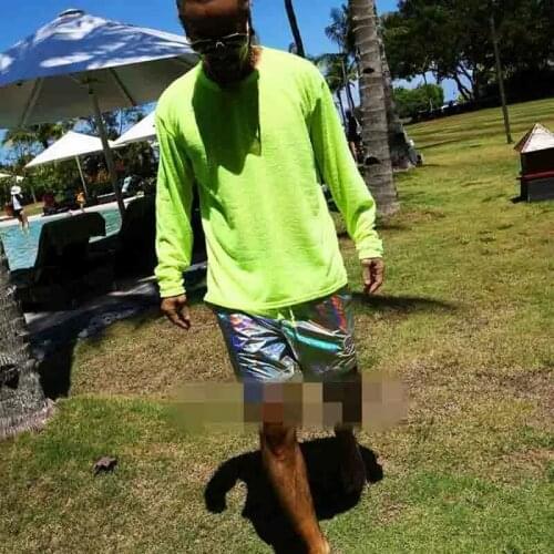 Mens new fluorescent round neck loose Trend Micro transparent long sleeve beach T-shirt