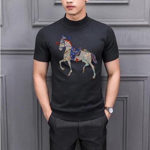 Men sweater Short Sleeve Casual Male Rhinestones horse slim fit Homme Top