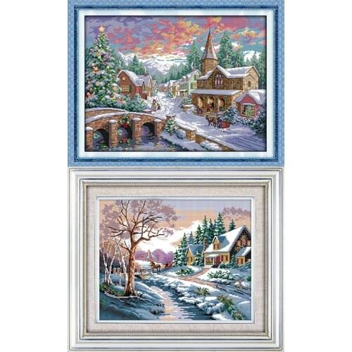 Joy Sunday Needlework Kits Snowscape Cotton Thread Painting 11CT 14CT Cross Stitch Embroidery Patterns Counted Cross-Stitching