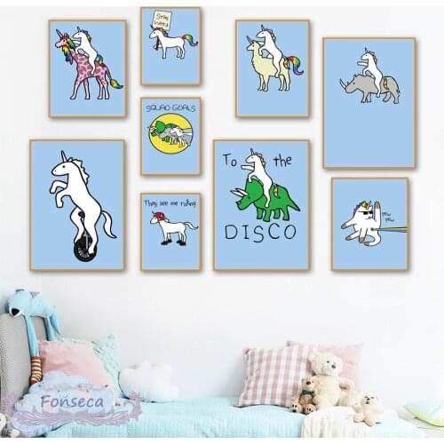 Funny White Unicorn Blue Dinosaur Canvas Painting Wall Art Cartoon Animal Poster Modular Pictures for Kids Room Decor
